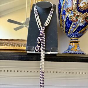 39.5" gorgeous long authentic pearl + genuine amethyst multi 3 strand necklace